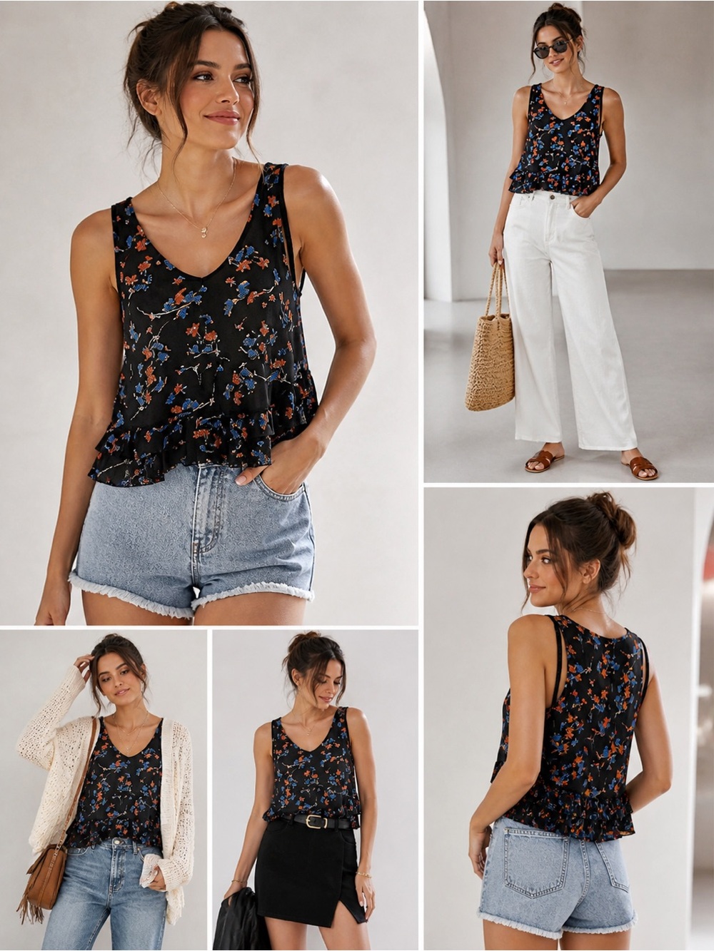 Free People Intimately Black Floral Ruffle Hem Cropped Tank Top Boho Festival M